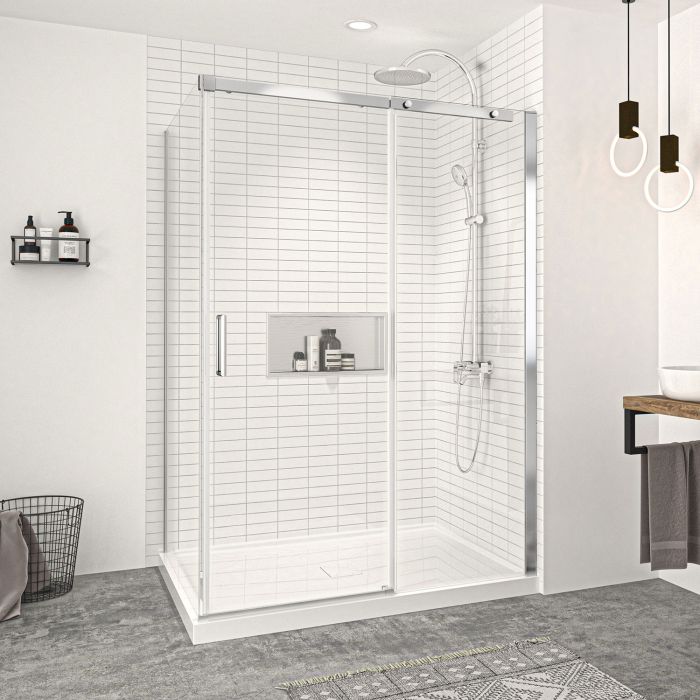 Porte de douche 54 po x Vague 42 po en coin chrome fermeture sur retour mur à droite porte à gauche