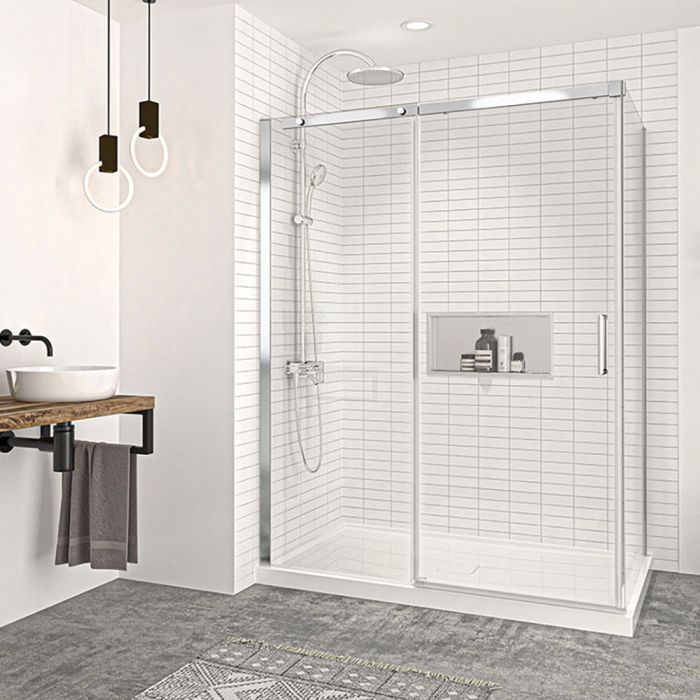 Porte de douche 60 po x Vague 32 po en coin chrome fermeture sur retour mur à gauche porte à droite