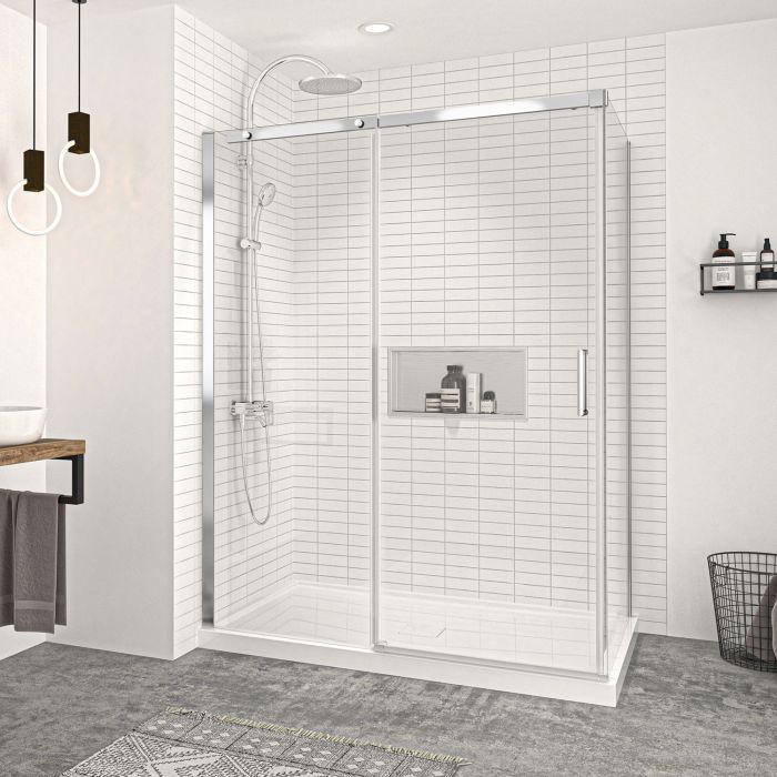 Porte de douche 60 po x Vague 36 po en coin chrome fermeture sur retour mur à gauche porte à droite