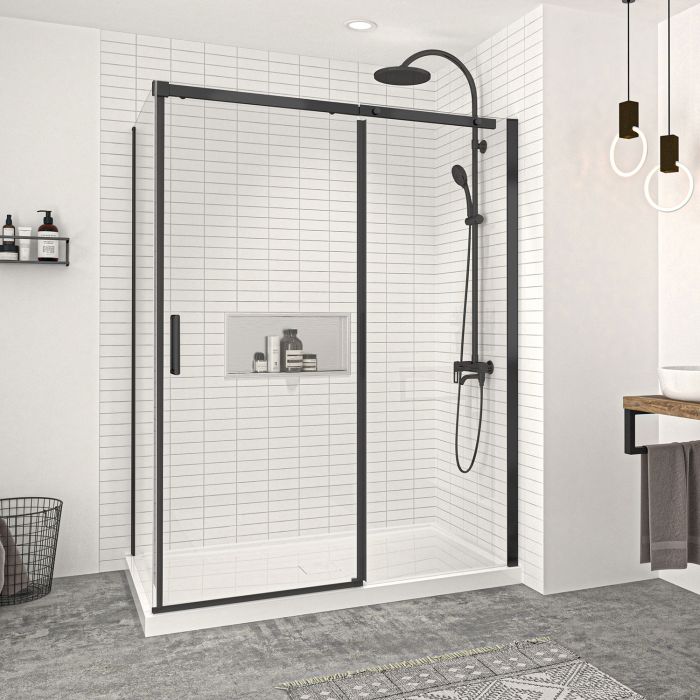 Porte de douche 60 po x Vague 32 po en coin noir mat fermeture sur retour mur à droite porte à gauche