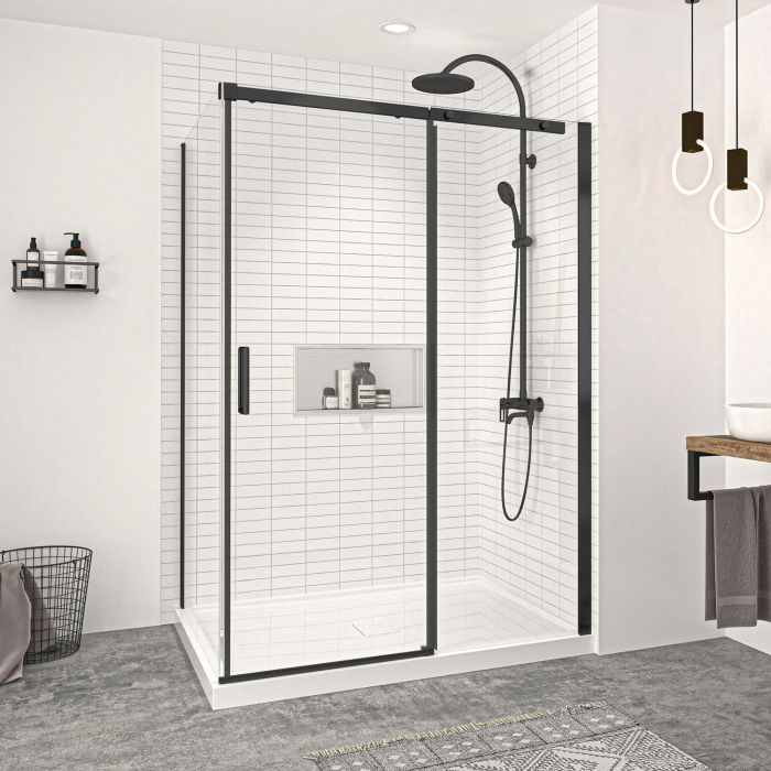 Porte de douche 60 po x Vague 42 po en coin noir mat fermeture sur retour mur à droite porte à gauche