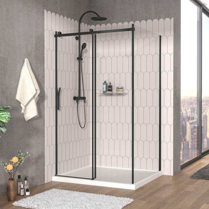 Porte de douche 48 po x Vaia 42 po en coin noir mat fermeture sur mur mur à gauche porte à gauche
