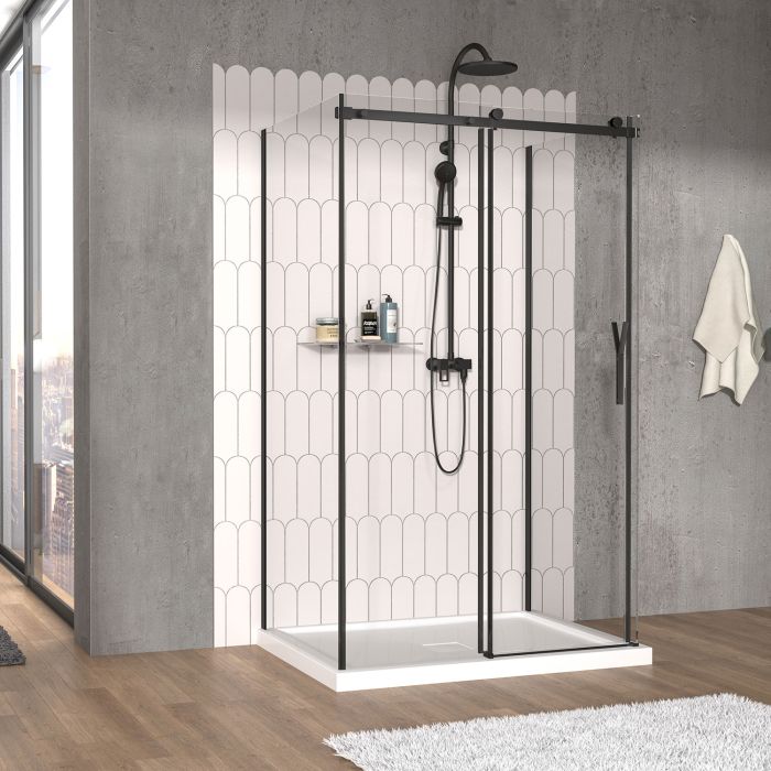 Porte de douche 48 po x Vaia 32 po noir mat sur mur