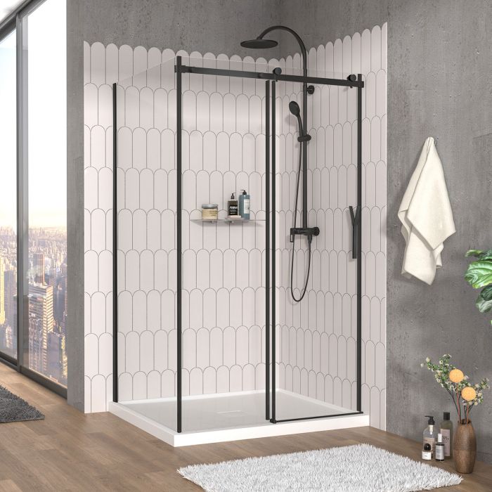 Porte de douche 48 po x Vaia 42 po en coin noir mat fermeture sur mur mur à droite porte à droite