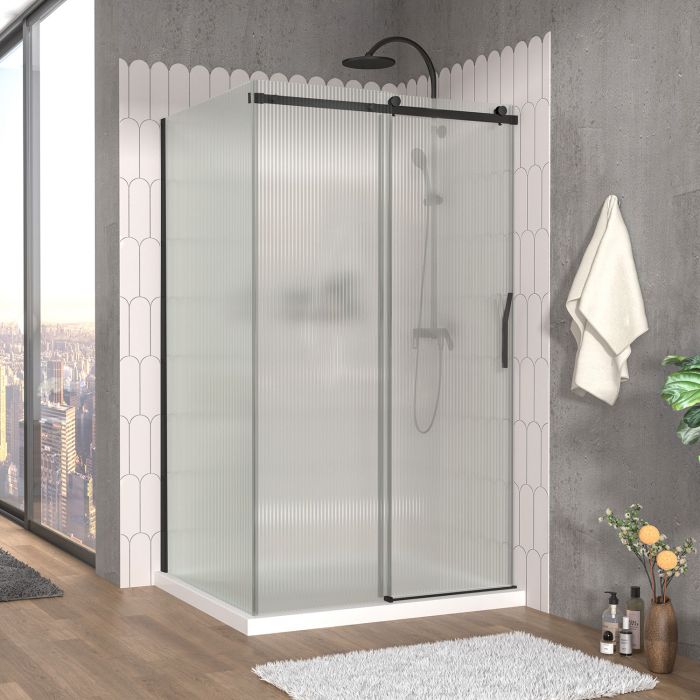 Porte de douche 48 po x Vaia 42 po en coin noir mat fermeture sur mur mur à droite porte à droite en noir mat et verre flûte