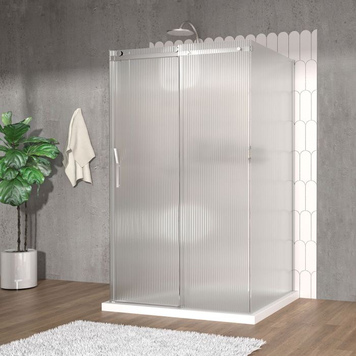 Porte de douche 48 po x Vaia 42 po chrome sur mur porte à gauche en chrome et verre flûte