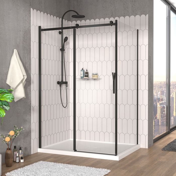 Porte de douche 54 po x Vaia 42 po en coin noir mat fermeture sur retour mur à gauche porte à droite
