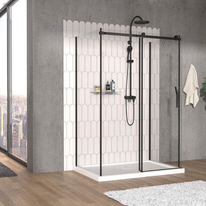 Porte de douche 54 po x Vaia 32 po noir mat sur mur