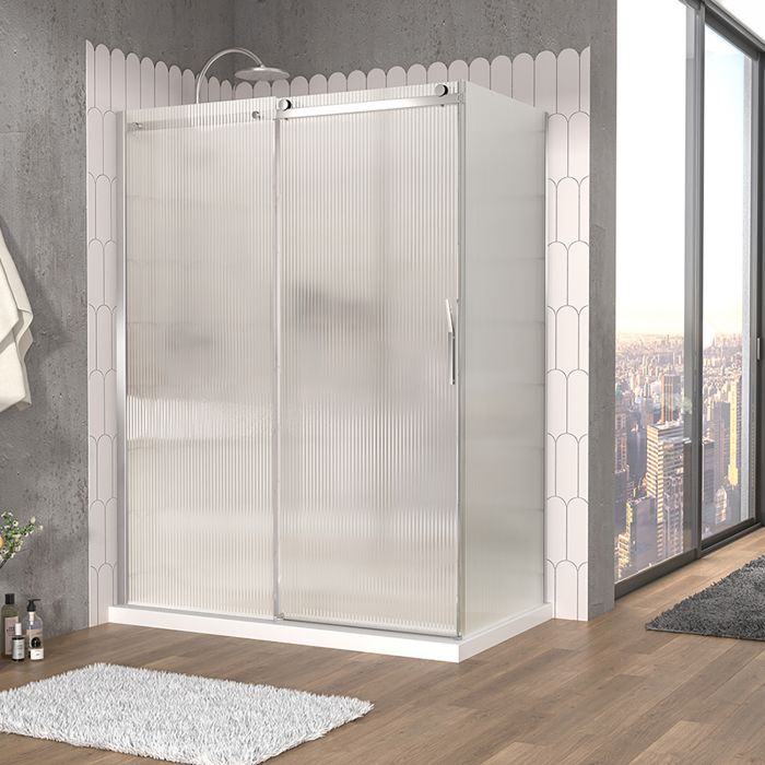 Porte de douche 60 po x Vaia 32 po en coin chrome fermeture sur retour mur à gauche porte à droite en chrome et verre flûte