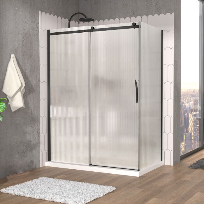 Porte de douche 60 po x Vaia 36 po en coin noir mat fermeture sur retour mur à gauche porte à droite en noir mat et verre flûte