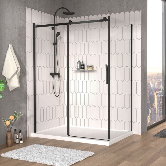 Porte de douche 60 po x Vaia 42 po en coin noir mat fermeture sur retour mur à gauche porte à droite