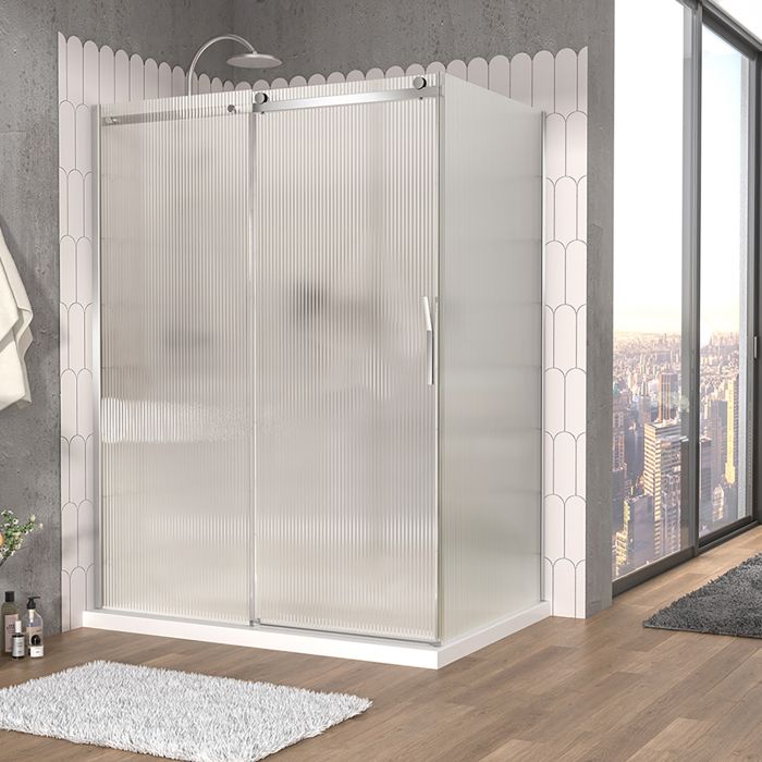 Porte de douche 60 po x Vaia 42 po en coin chrome fermeture sur retour mur à gauche porte à droite en chrome et verre flûte