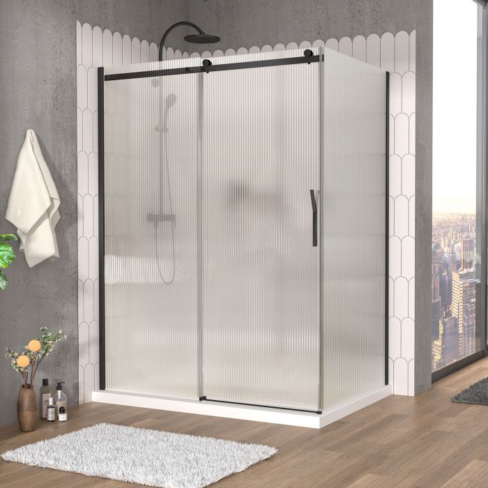 Porte de douche 60 po x Vaia 42 po en coin noir mat fermeture sur retour mur à gauche porte à droite en noir mat et verre flûte