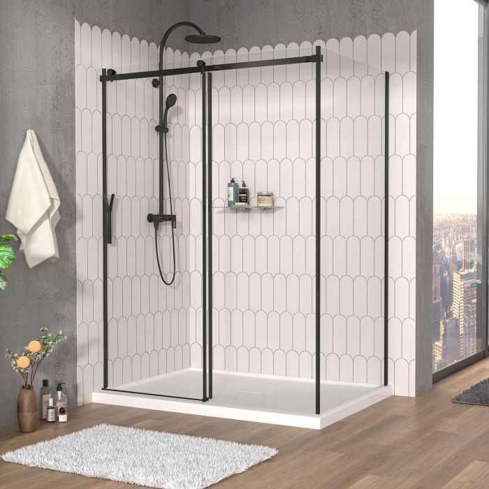 Porte de douche 60 po x Vaia 42 po en coin noir mat fermeture sur mur mur à gauche porte à gauche