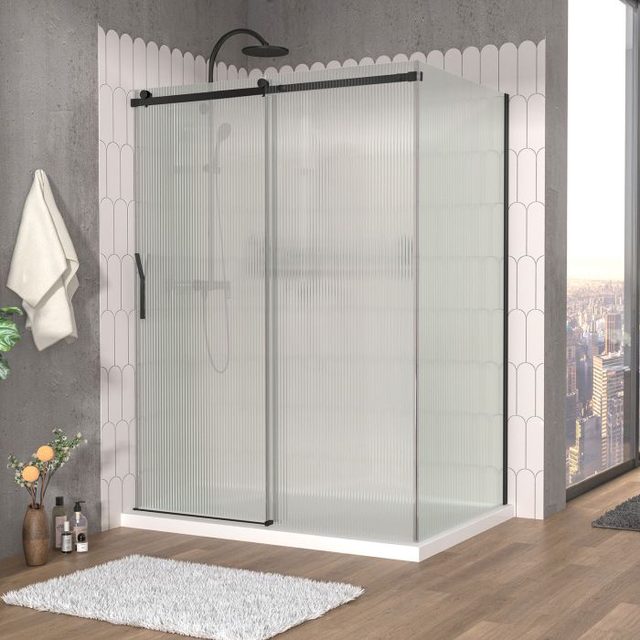 Porte de douche 60 po x Vaia 42 po en coin noir mat fermeture sur mur mur à gauche porte à gauche en noir mat et verre flûte