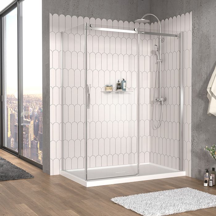 Porte de douche 60 po x Vaia 32 po en coin chrome fermeture sur retour mur à droite porte à gauche