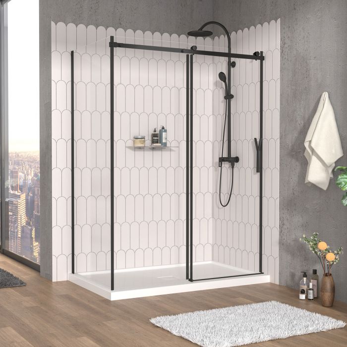 Porte de douche 60 po x Vaia 32 po en coin noir mat fermeture sur mur mur à droite porte à droite