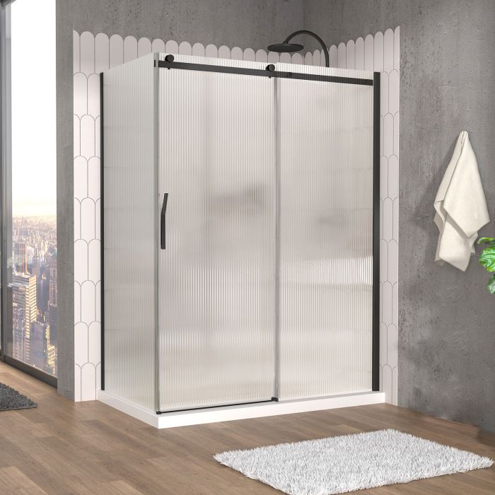 Porte de douche 60 po x Vaia 36 po en coin noir mat fermeture sur retour mur à droite porte à gauche en noir mat et verre flûte