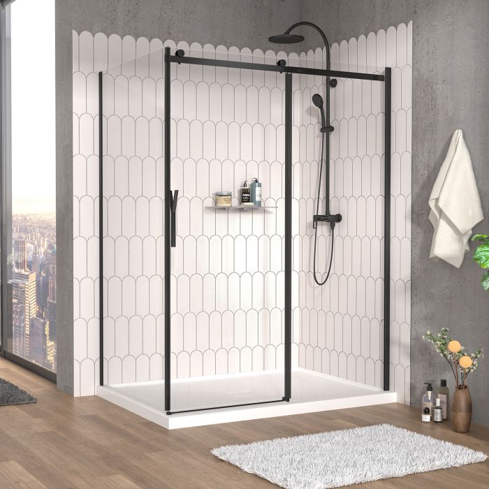 Porte de douche 60 po x Vaia 42 po en coin noir mat fermeture sur retour mur à droite porte à gauche