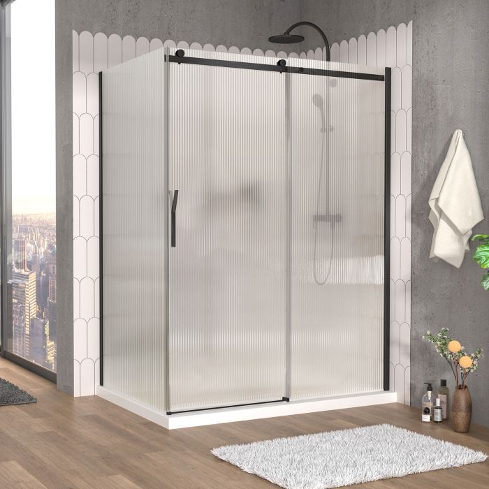 Porte de douche 60 po x Vaia 42 po en coin noir mat fermeture sur retour mur à droite porte à gauche en noir mat et verre flûte