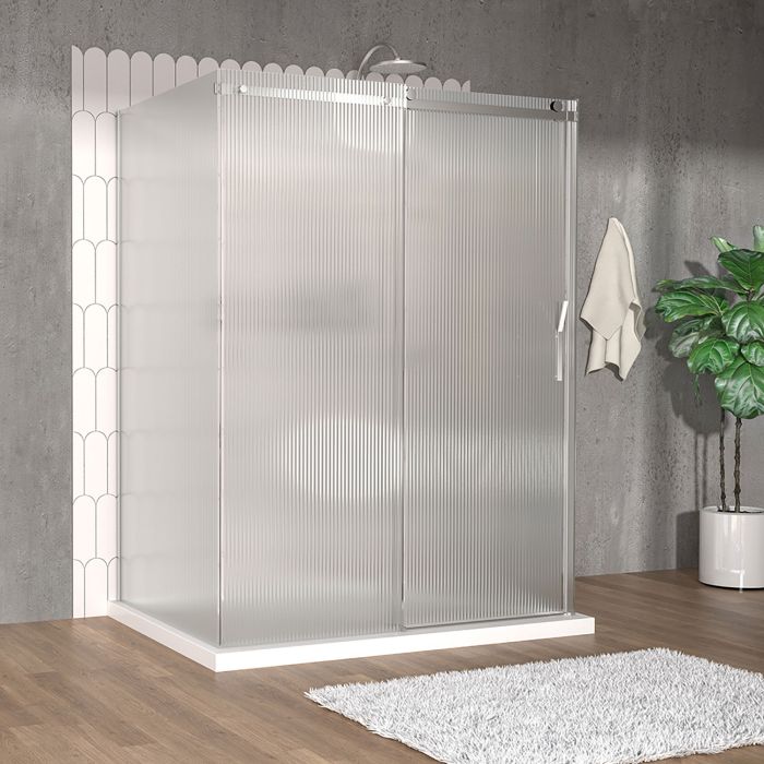 Porte de douche 60 po x Vaia 42 po chrome sur mur porte à droite en chrome et verre flûte