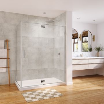 Porte de douche pivot Azelia 60 x 36 x 74 po, 6 mm pour installation en coin avec verre clair et fini chrome