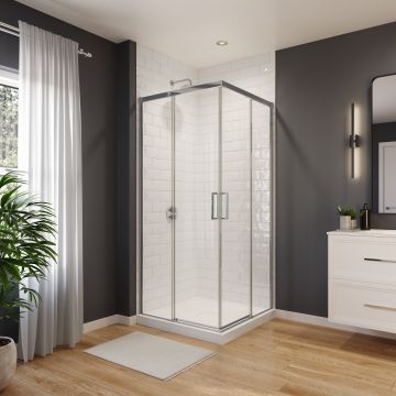 Porte de douche coulissante Sella 36 x 36 x 74 po, 8 mm pour installation en coin avec verre clair et fini chrome