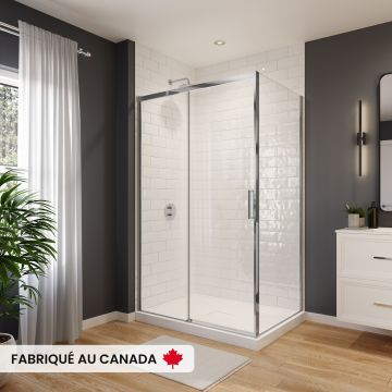 Porte de douche coulissante Sella 48 x 36 x 74 po, 8 mm pour installation en coin avec verre clair et fini chrome