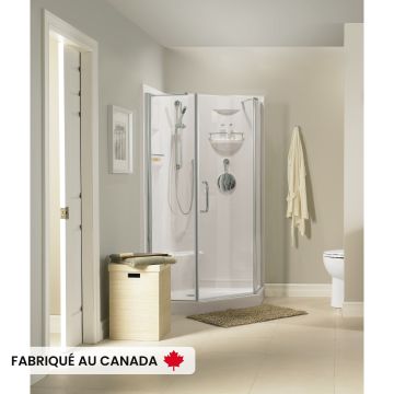 Douche Maya 3838 blanche Néo-Angle en coin en acrylique deux pièces avec drain central
