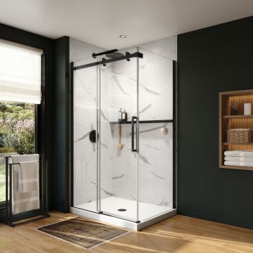 Porte de douche coulissante Axion 48 x 32 x 78 3/4 po, 8 mm pour installation en coin avec verre clair et fini noir mat