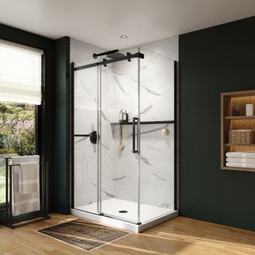 Douche Axion Porte de avec porte-serviette coulissante 48 x 32 x 78 3/4 po, 8 mm pour installation en coin avec verre clair et fini noir mat