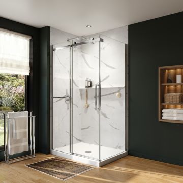 Douche Axion Porte de avec porte-serviette coulissante 48 x 36 x 78 3/4 po, 8 mm pour installation en coin avec verre clair et fini chrome