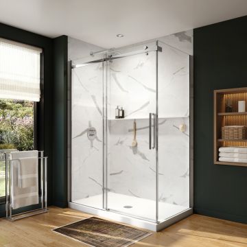 Porte de douche coulissante Axion 60 x 32 x 78 3/4 po, 8 mm pour installation en coin avec verre clair et fini chrome