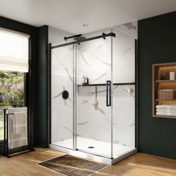 Porte de douche coulissante Axion 60 x 32 x 78 3/4 po, 8 mm pour installation en coin avec verre clair et fini noir mat