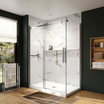Douche Axion Porte de avec porte-serviette coulissante 60 x 32 x 78 3/4 po, 8 mm pour installation en coin avec verre clair et fini chrome