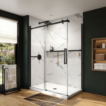 Douche Axion Porte de avec porte-serviette coulissante 60 x 36 x 78 3/4 po, 8 mm pour installation en coin avec verre clair et fini noir mat