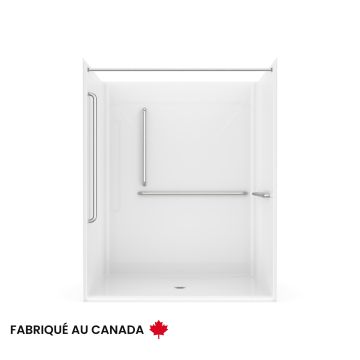 Douche Banff BFS-6036F blanche une pièce pour alcôve en AcrylX™ conforme à la norme CSA avec barres d'appuis à gauche et drain central