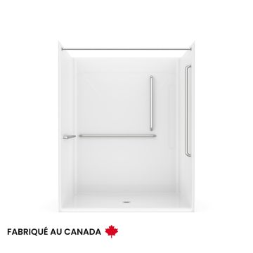 Douche Banff BFS-6036F blanche une pièce pour alcôve en AcrylX™ conforme à la norme CSA avec barres d'appuis à droite et drain central