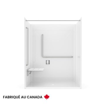 Douche Banff BFS-6036F blanche une pièce pour alcôve en AcrylX™ conforme à la norme NBC-Alberta avec siège Phénolique en "L" à gauche et drain central