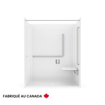 Douche Banff BFS-6036F blanche une pièce pour alcôve en AcrylX™ conforme à la norme NBC-Alberta avec siège Phénolique en "L" à droite et drain central