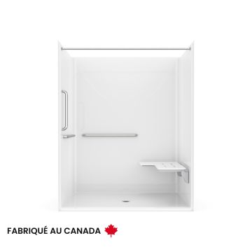 Douche Banff BFS-6036F blanche une pièce pour alcôve en AcrylX™ conforme à la norme ADA/ANSI avec siège Naugahyde en "L" à droite et drain central
