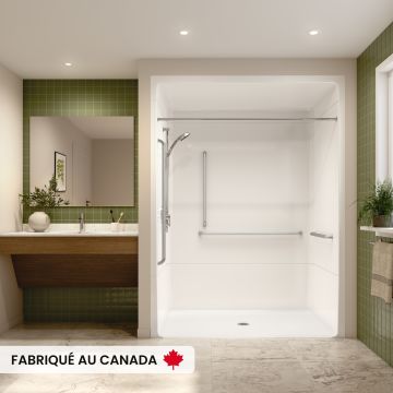 Douche Banff BFS-6036A blanche une pièce pour alcôve en acrylique conforme à la norme CSA avec barres d'appuis à gauche, drain central et seuil biseauté