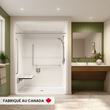Douche Banff BFS-6036A blanche une pièce pour alcôve en acrylique conforme à la norme NBC Alberta avec siège phénolique rectangulaire à droite, drain central et seuil biseauté