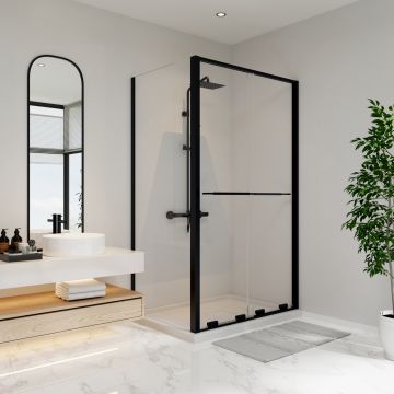 Porte de douche coulissante Solani 48 x 36 x 79 3/4 po, 8 mm pour installation en coin avec verre clair et fini noir mat