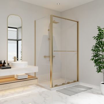 Porte de douche coulissante Solani 48 x 36 x 79 3/4 po, 8 mm pour installation en coin avec verre clair et fini or brossé