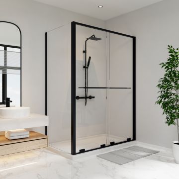 Porte de douche coulissante Solani 60 x 36 x 79 3/4 po, 8 mm pour installation en coin avec verre clair et fini noir mat