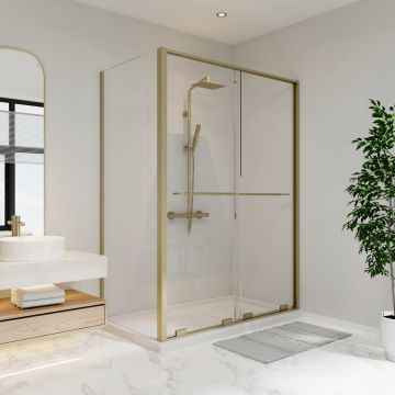 Porte de douche coulissante Solani 60 x 36 x 79 3/4 po, 8 mm pour installation en coin avec verre clair et fini or brossé