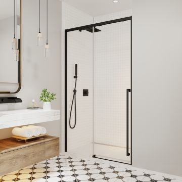 Porte de douche coulissante Kaveri 45 - 47 1/2 x 79 3/4 po, 8 mm pour installation en alcôve avec verre clair et fini noir mat