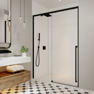 Porte de douche coulissante Kaveri 57 - 59 1/2 x 79 3/4 po, 8 mm pour installation en alcôve avec verre clair et fini noir mat