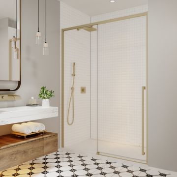 Porte de douche coulissante Kaveri 57 - 59 1/2 x 79 3/4 po, 8 mm pour installation en alcôve avec verre clair et fini or brossé